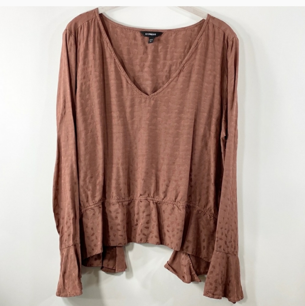 Express V-neck & Ruffle Tie Back Bell Sleeve Neutral Rustic Brown-ish Blouse